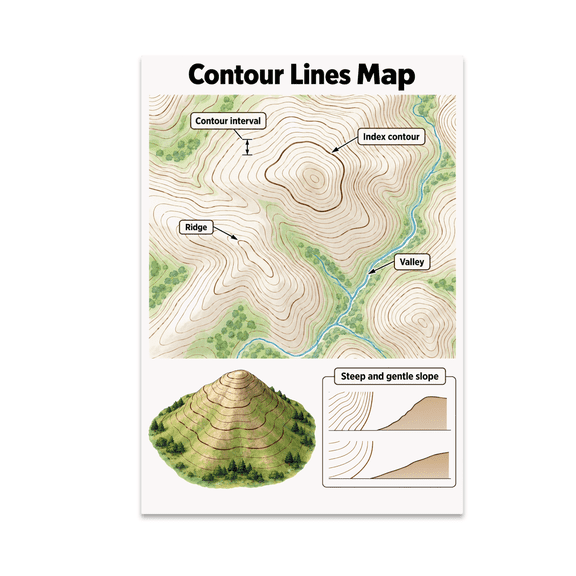 Contour Lines Map Guide - Geography Learners - 13x19 Poster Print