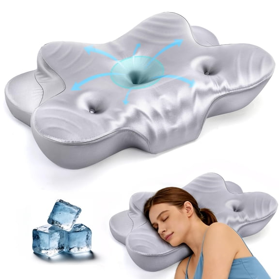 Contour Pillow, Grey, Ice Silk Satin Memory Foam, Neck Support for Side Sleepers