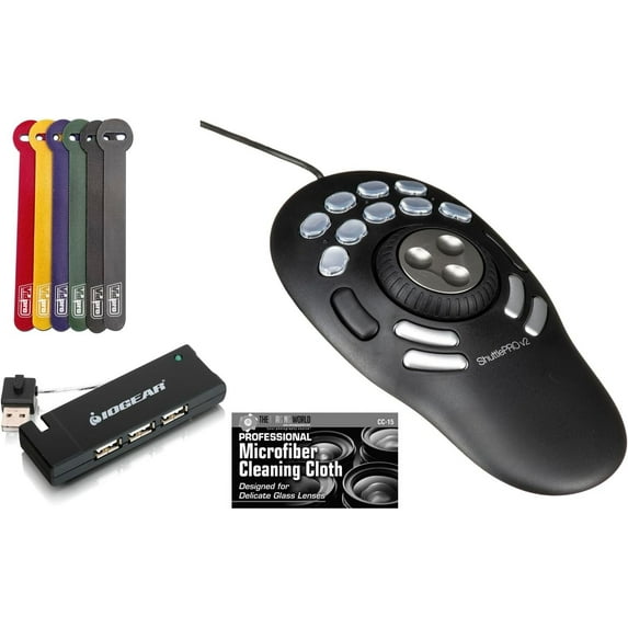 Contour Shuttle Pro V2 NLE Multimedia Controller with 15 Programmable Buttons - Mac and Windows Compatible Bundle with USB Type-A Hub with 4 USB Ports, and 5-Pack of Reusable Cable Ties