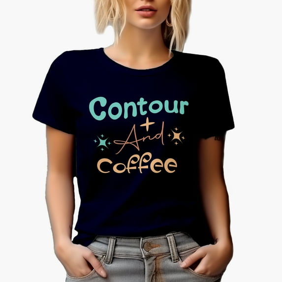 Contour and Coffee, Caffeine Lover Quote, Beauty Themed Merch Gift for Makeup Artist or Lovers, Cosmetologists & Beauticians, Navy Blue T-Shirt, 3XL