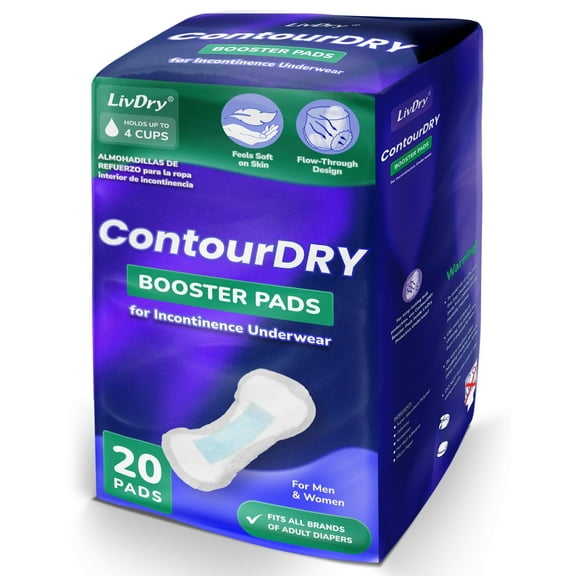 ContourDry Booster Pads XL by LivDry, Adds Max Absorbency to Adult Diapers with Flow-Through Design, Up to 4 Cups Capacity, More Coverage for Women and Men, 20 Count
