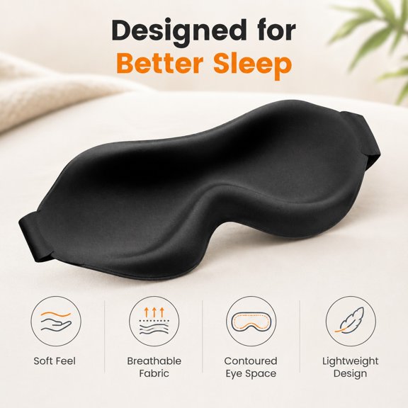 Contoured 3D Sleep Mask with Adjustable Strap, Soft Light Blocking Eye Cover for Side Sleepers, Travel, Naps, Flights, Shift Work and Nighttime Rest