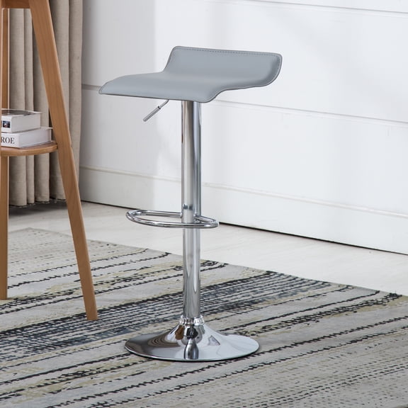 Contoured Contemporary Backless Armless Swivel Height Adjustable Hydraulic Lift Chrome Base Bar Stool with Footrest (Gray) - Set of 2