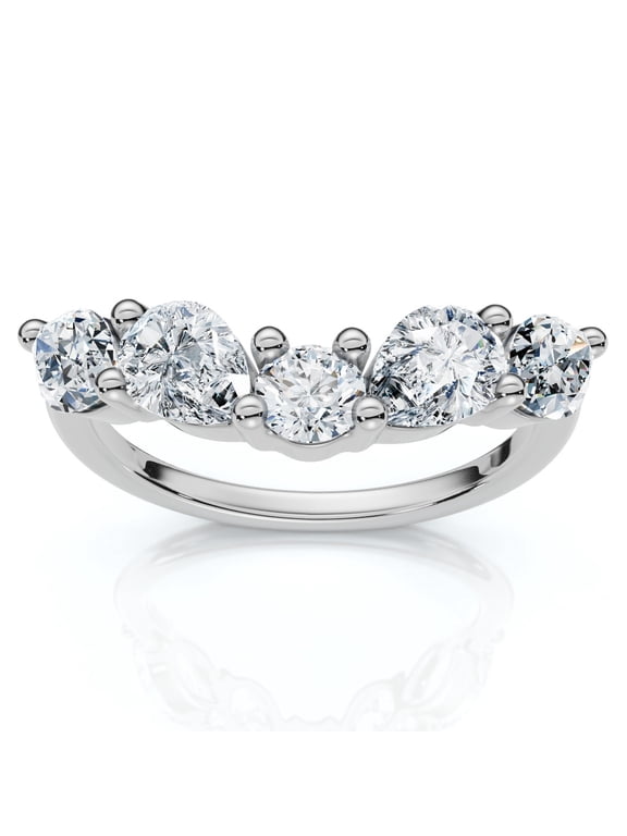 Contoured Diamond Band, Five Stone Diamond Ring, Half Eternity Diamond Wedding Band, 14K White Gold Plated, 1.5 Ct Simulated Diamond