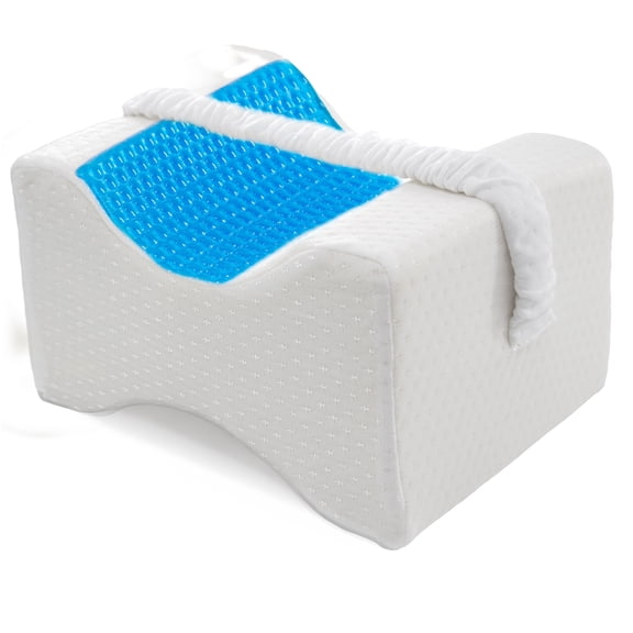 Contoured Knee Pillow - Cooling Gel Memory Foam with Elastic Strap, Relieves Back Hip Knee Sciatica Pain for Side Sleepers and Pregnancy Support