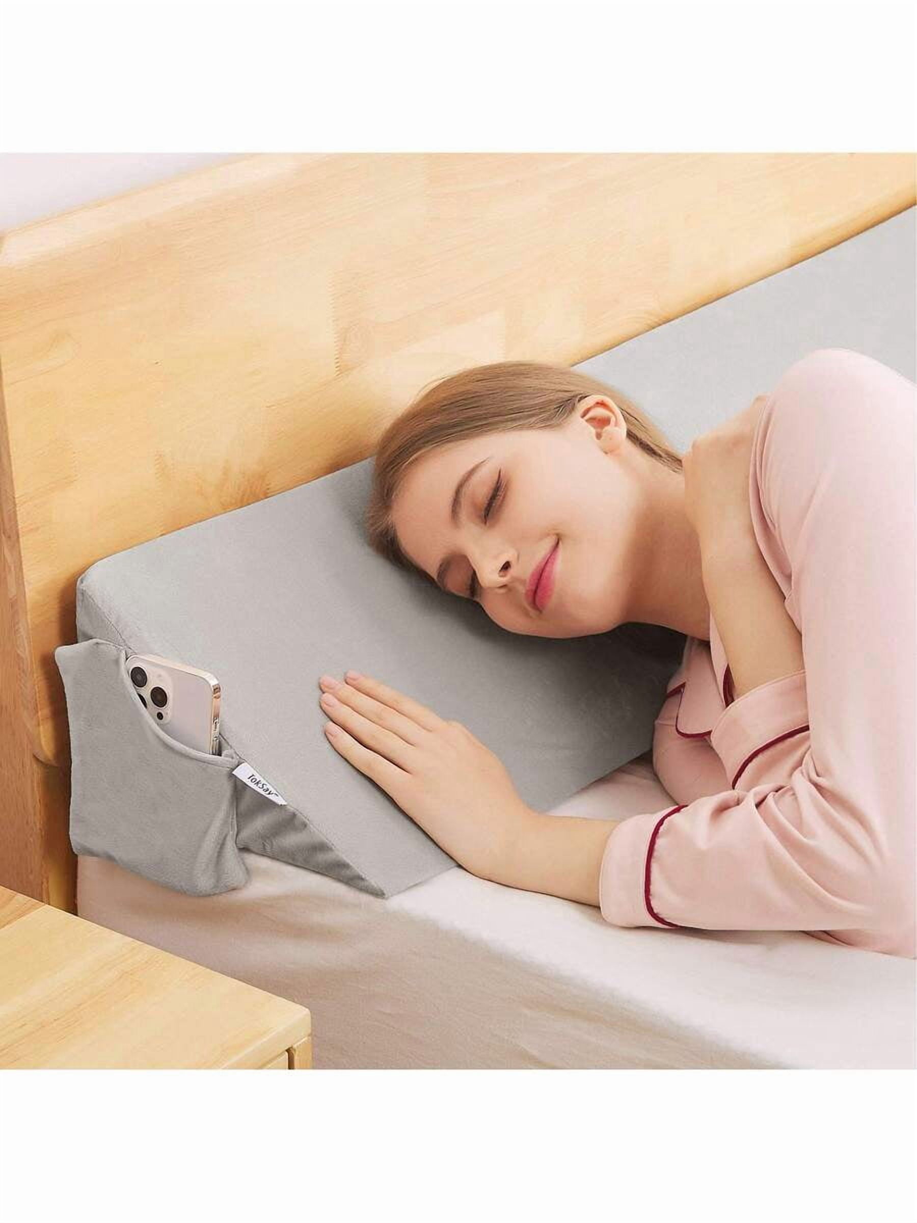 Contoured Wedge Pillow With Removable Gray Cover - 100% Foam Bed Gap Filler & Backrest Support For Sleeping, Machine Washable, Medium-Soft Comfort For Full-Body Support, Elegant Bedroom Accessory