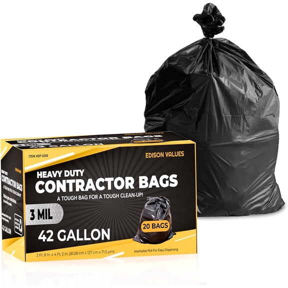 Contractor Trash Bags, 42 Gallon, 3 Mil, 32" x 46", Heavy-Duty Plastic, Black, 20 Count