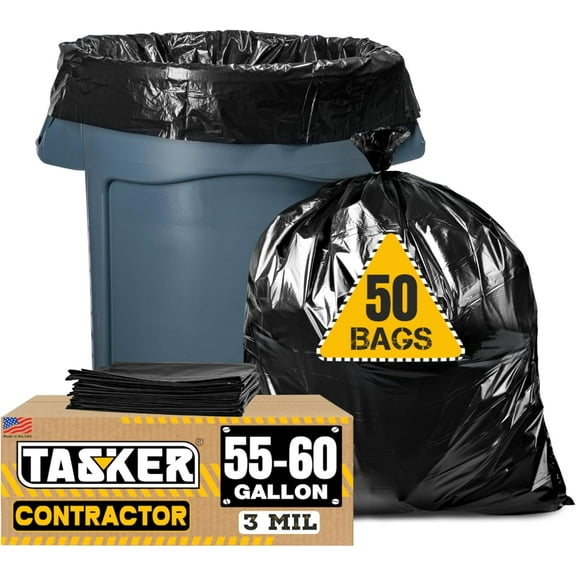 Contractor Garbage Bags 55 Gallon, 3 Mil Black Contractor Garbage Bag (50 Bags w/Ties) Large 55 Gallon Trash Bags Heavy Duty Liners, Extra Large Trash Liners for Construction, Industrial Bag