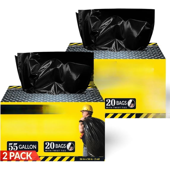 Contractor Garbage Bags 55 Gallon | 40 Trash Bags | Heavy Duty | Black Contractor