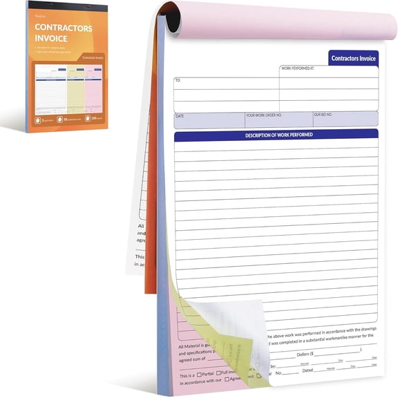 Contractor Invoice Book, 3-Part Carbonless, 8x11 inches, 50 Sets | Work Order & Estimate Forms, Instant Customer & Office Copies, Spacious Work Description Area