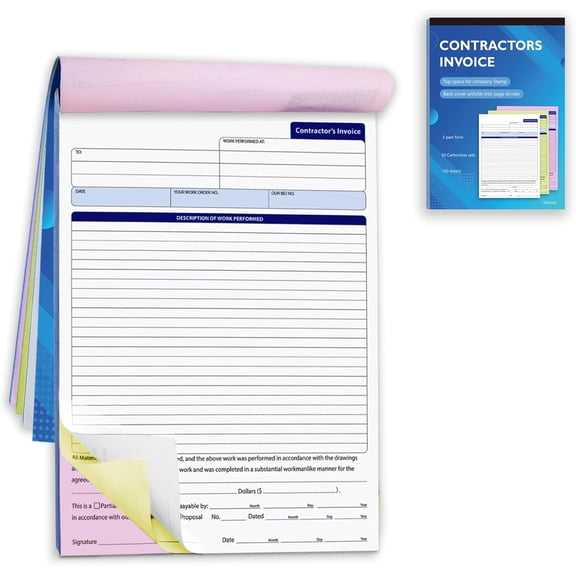 Contractor Invoice Book, 3 Part Carbonless Forms, Work Order Estimate Book with Carbon Copies, Invoice Receipt Book for Small Business, 8 x11 in,50 Sets