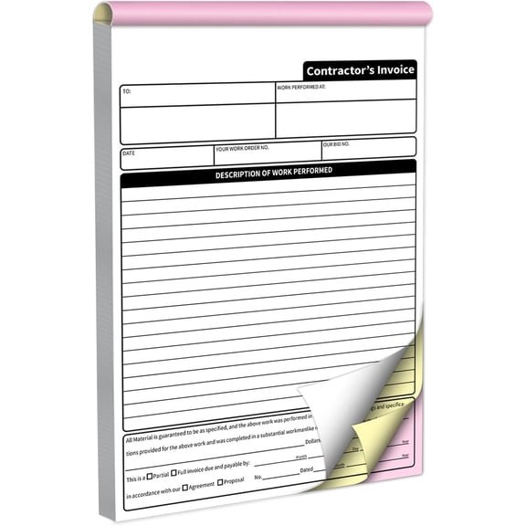 Contractor Invoice Books,3 Part Carbonless Contractor Estimate Book,Work Order Receipt Book with Carbon Copies,7.3 x 11 Inch (50 Sets)