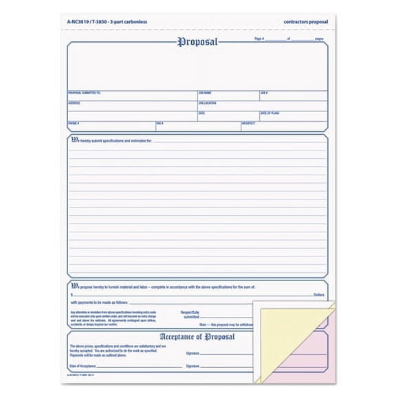 Contractor Proposal Form, Three-Part Carbonless, 8.5 X 11.44, 1/page, 50 Forms | Bundle of 2 Packs