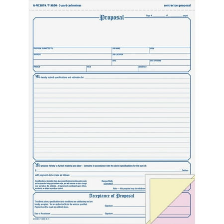 Contractor Proposal Form, Three-Part Carbonless, 8.5 X 11.44, 1/page, 50 Forms | Bundle of 5 Packs