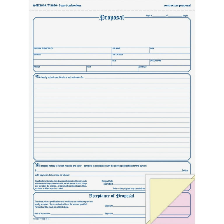 Proposal Form, Three-Part Carbonless, 11 x 8.5, 50 Forms Total Proposal Form, Three-Part Carbonless, 11 x 8.5, 50 Forms Total