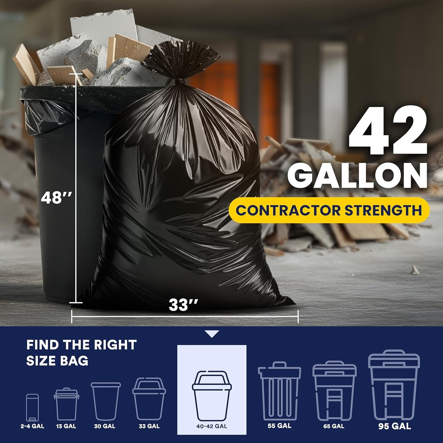 Contractor Trash Bags 42 Gallon │ 6.0 Mil │ Black Heavy Duty Garbage Bag │ 33” x 48” (25 Count)