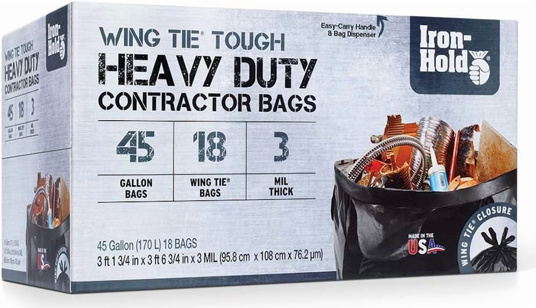 Contractor Trash Bags - 45 Gallon, 18 Bags, Wing Tie Closure, 3 MIL Thick, Gusseted Bottom, Black - Heavy Duty Industrial Strength Garbage Bags