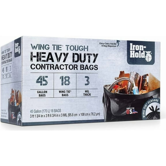 Contractor Trash Bags - 45 Gallon, 18 Bags, Wing Tie Closure, 3 MIL Thick, Gusseted Bottom, Black - Heavy Duty Industrial Strength Garbage Bags