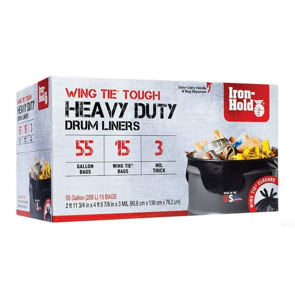 Contractor Trash Bags - 55 Gallon, 15 Bags, Wing Tie Closure, 3 MIL Thick, Gusseted Bottom, Black - Heavy Duty Industrial Strength Garbage Bags