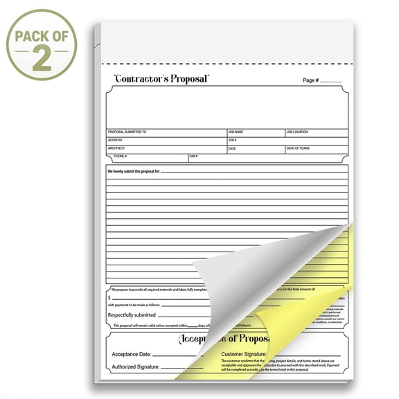 Contractor's Proposal Book Pack of 2 50 Sets 100 sheets Each 2-Part Carbonless 8.5x11