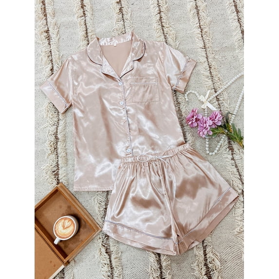 Contrast Binding Button Front Satin PJ Set