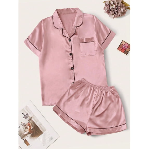 Contrast Binding Satin PJ Set
