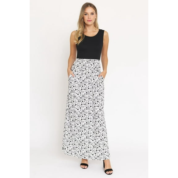 Contrast Black Ivory Ditsy Floral Sleeveless Maxi Dress