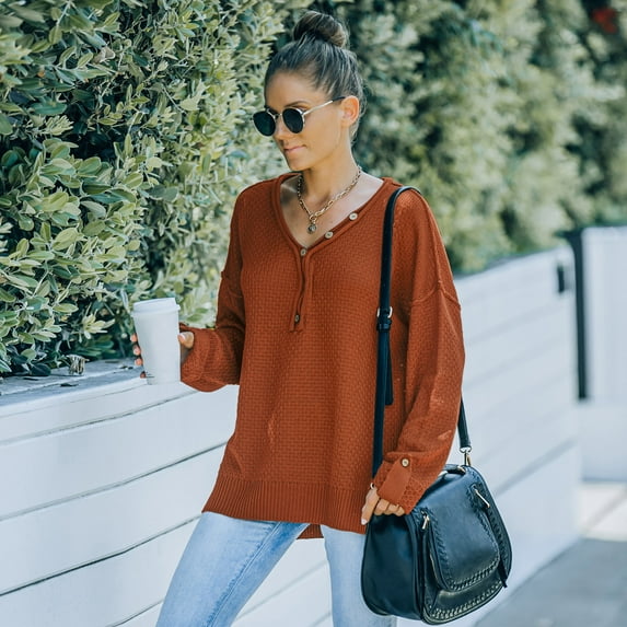 Contrast Button Detail Long Sleeve Textured Knit Sweater for Women