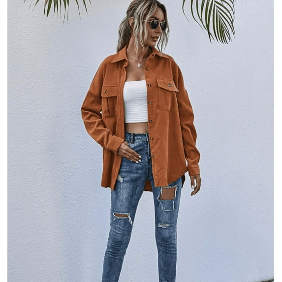 Contrast Button Up Flap Pocket Long Sleeve Overshirt for Women