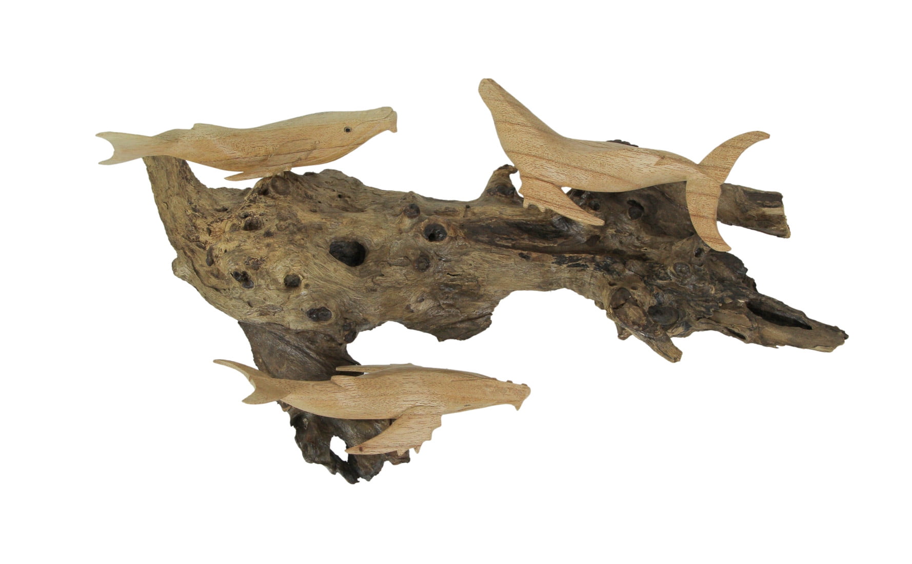 Contrast Carved Wood Humpback Whale Trio on Driftwood Base Wall Hanging