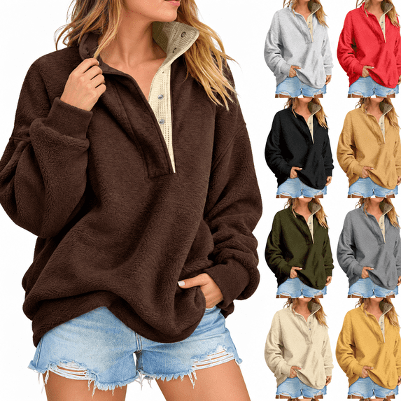 Coloufull Button Contrast Collar Womens Sweatshirt Mock Neck Henley Pullover Long Sleeve ...