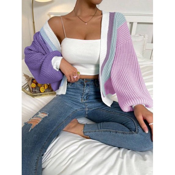 Contrast Color Knit Cardigan Sweater (S, MultiPurple)