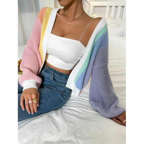 Contrast Color Knit Cardigan Sweater (XL, MultiPink)