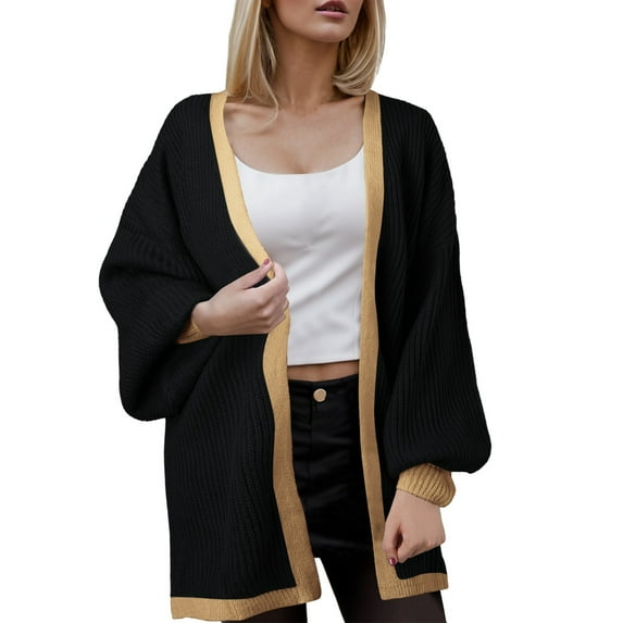 Contrast Color Mid Length Buttonless Casual Cardigan For Women In Autumn New Fall Style Long Sleeved Loose Knit Jacket For Women