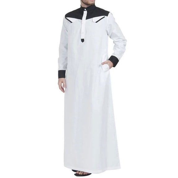 Contrast Color Muslim Dress Muslim Thobe with Long Sleeve Mandarin Neck Men Robe