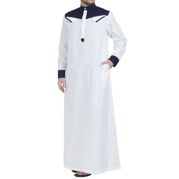 Contrast Color Muslim Dress Muslim Thobe with Long Sleeve Mandarin Neck Men Robe