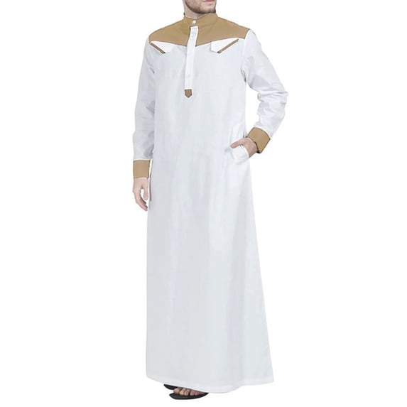 Contrast Color Muslim Dress Muslim Thobe with Long Sleeve Mandarin Neck Men Robe