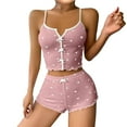 thumbnail image 1 of Contrast Color Slit Front Pajama Set - Adjustable Suspender & Heart Print Shorts, Stylish Two-Piece Sleepwear for Women,Pink L, 1 of 4