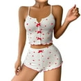 thumbnail image 1 of Contrast Color Slit Front Pajama Set - Adjustable Suspender & Heart Print Shorts, Stylish Two-Piece Sleepwear for Women,Red M, 1 of 3