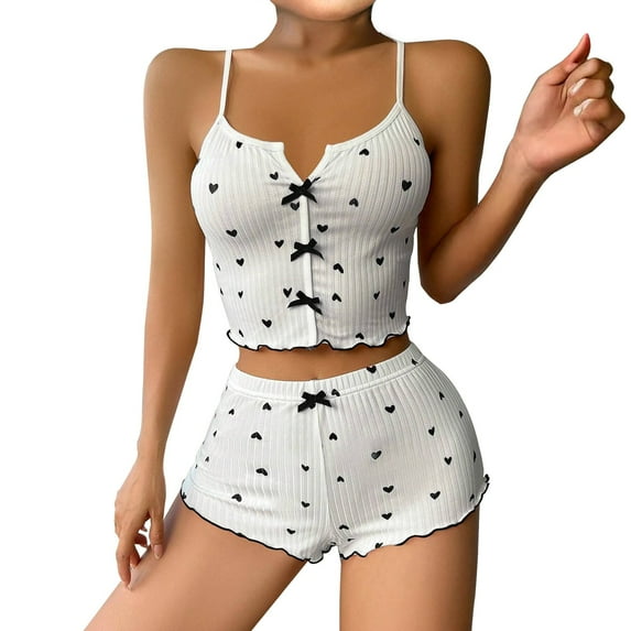 Contrast Color Slit Front Pajama Set - Adjustable Suspender & Heart Print Shorts, Stylish Two-Piece Sleepwear for Women,White L