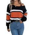thumbnail image 1 of Contrast Color Striped Long Puff Sleeve Women's Pullover Casual Loose Fit Sweater Cold Shoulder Metal Buckled Jumper Top, 1 of 9