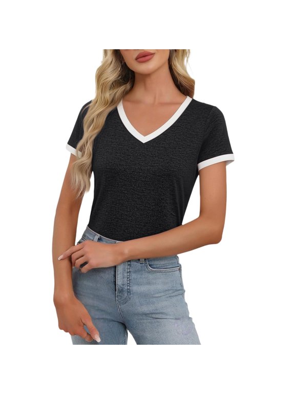 Contrast Color Trim Basic Short Sleeve T-Shirts Summer Basic Color Block Tee Tops Casual Soft Tunic Tops V Neck Loose Fit Business Casual Work Shirt Basic Workout Polo Shirts Black S