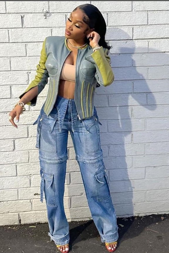 Contrast Color Zipper Cropped Jackets (M, HollyGreen)