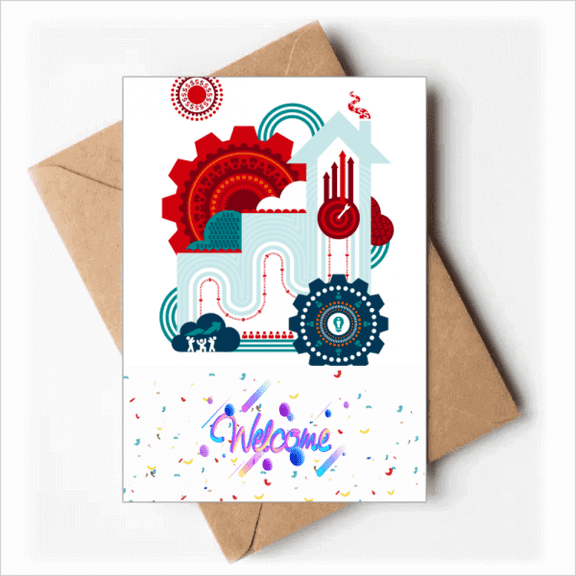Contrast-Colour Gear Clock House Illustration Welcome Back Greeting Cards Envelopes Blank