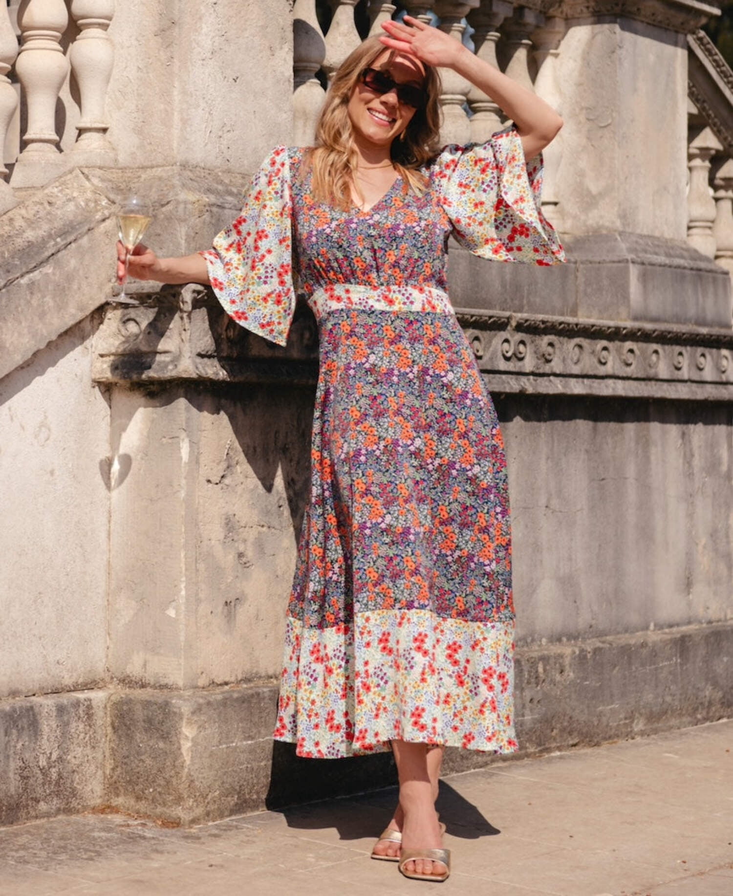 angel sleeve dress midi Yumi Blue Floral Ruched Waist Midi Dress With Angel Sleeves