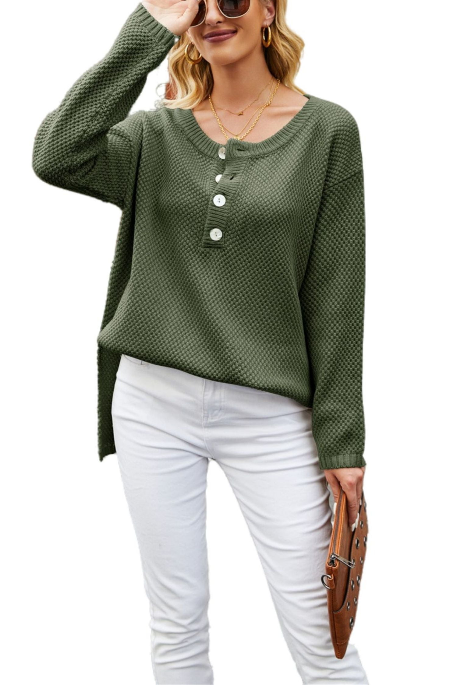 Contrast Half Button Down Sweater Green X-Large - Walmart Business Supplies