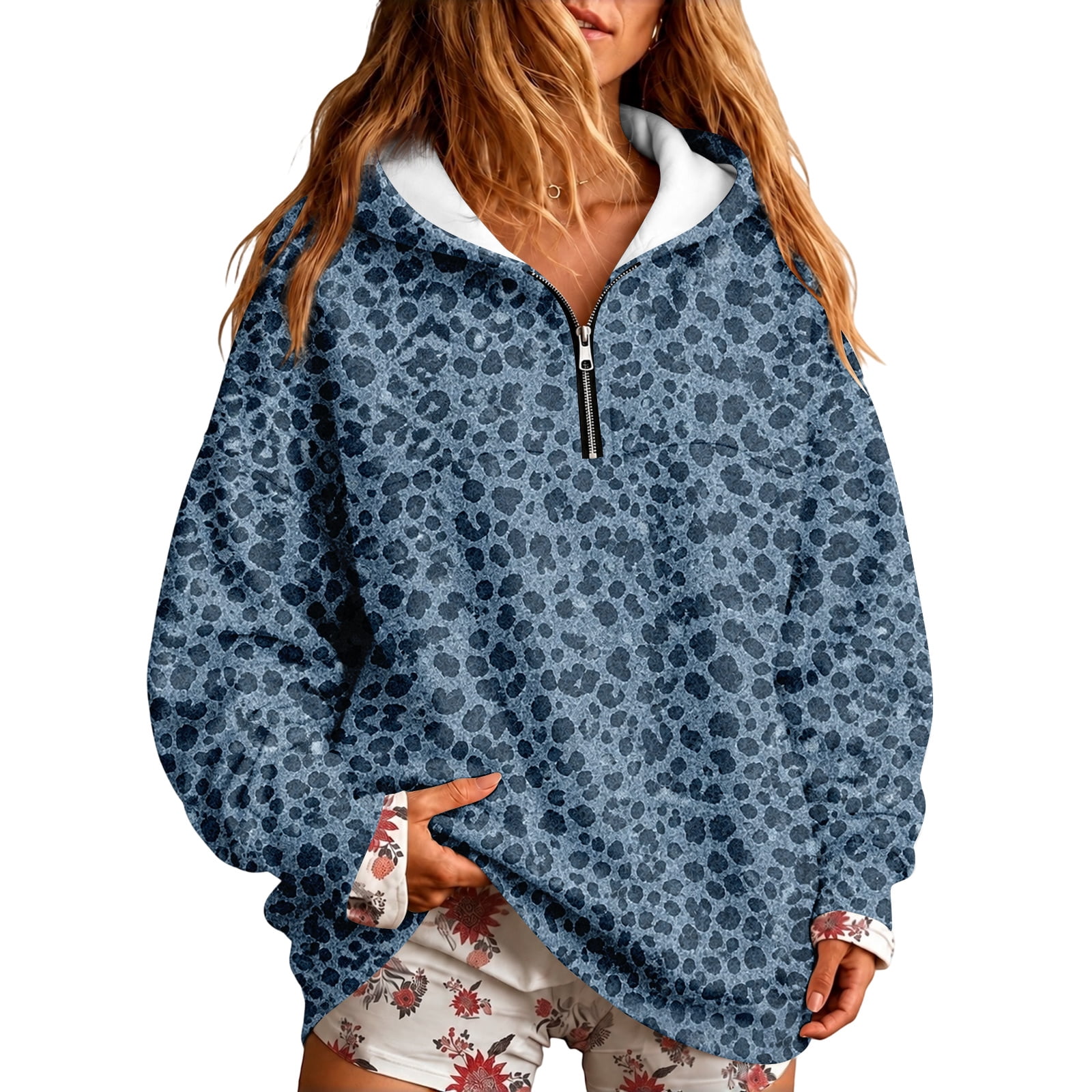 Contrast Hood Interior Leopard Hoodie for Women with a Quarter Zip Neck ...