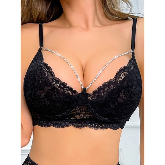 Contrast Lace Push Up Bra, Chain Linked Cut Out Bra, Women's Lingerie & Underwear