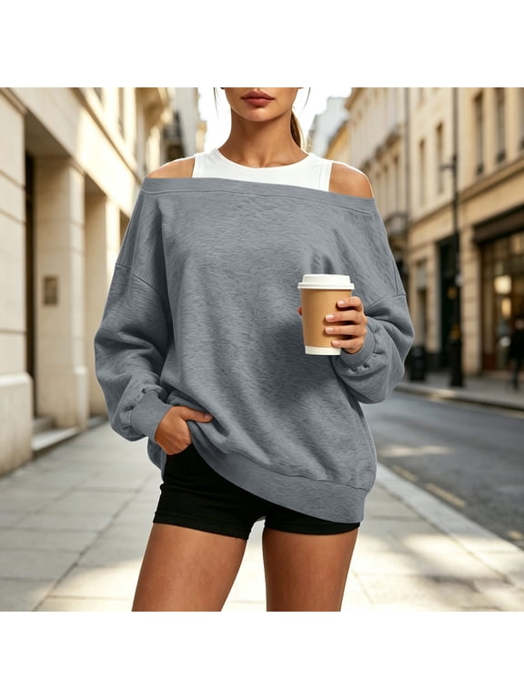 Contrast Layered Off-Shoulder Tops for Women Oversized Slouchy Sweatshirt Womens Blouses with Faux-Tank Trim Autumn/Winter Warm Fleece Tops for Daily or Travel