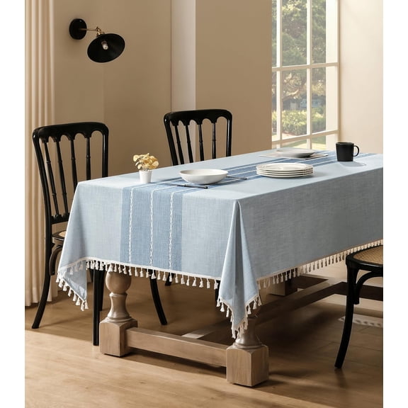 Contrast Linen Table Cloth Rectangle Table Cloths 60x84 Inch Blue, Farmhouse Style Heavy Weight Blue Tablecloth, Water Resistant Burlap Tablecloths